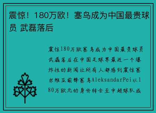 震惊！180万欧！塞鸟成为中国最贵球员 武磊落后